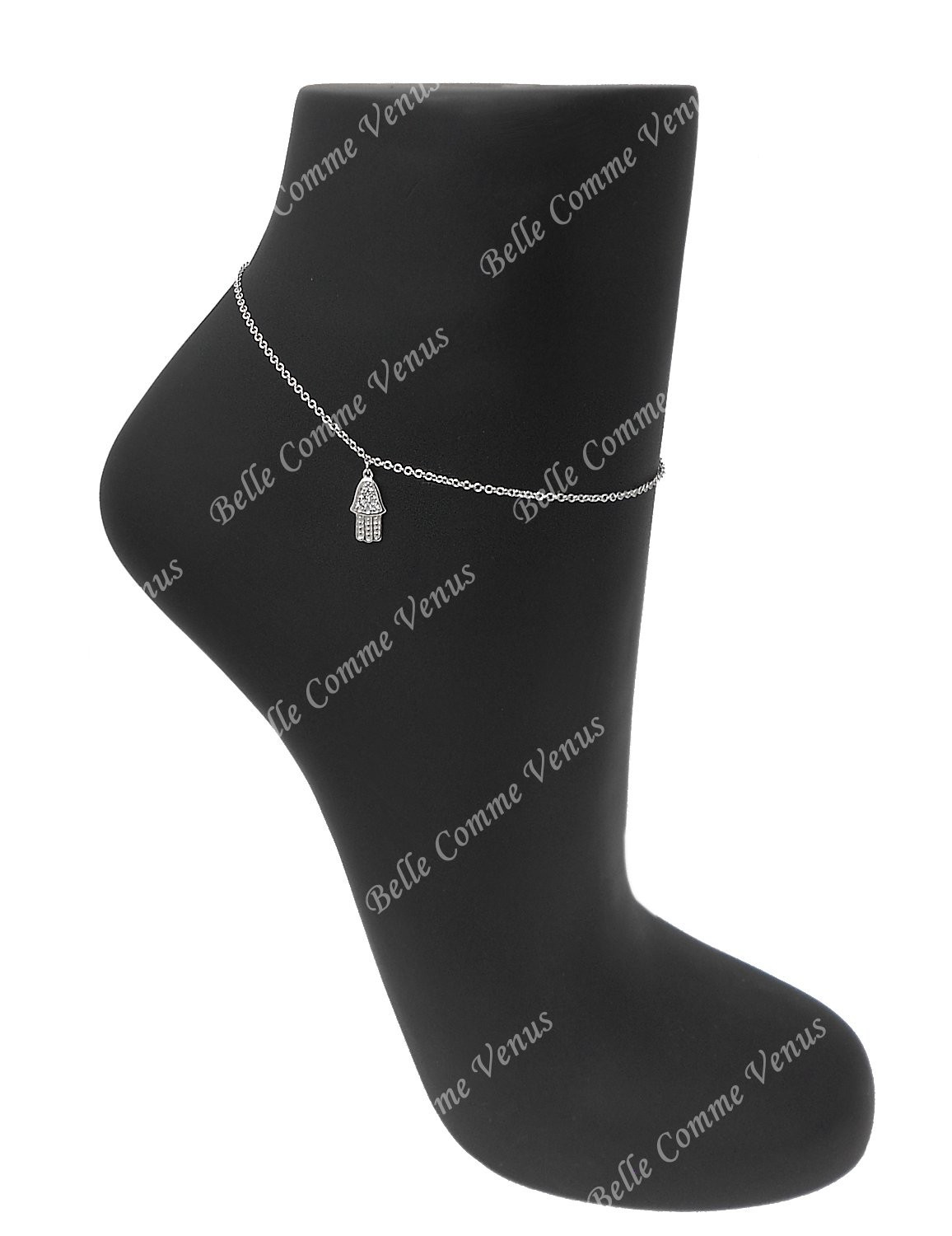 Chaîne de cheville main de Fatma sertie d'oxyde de zirconium Argent 925 Rhodié