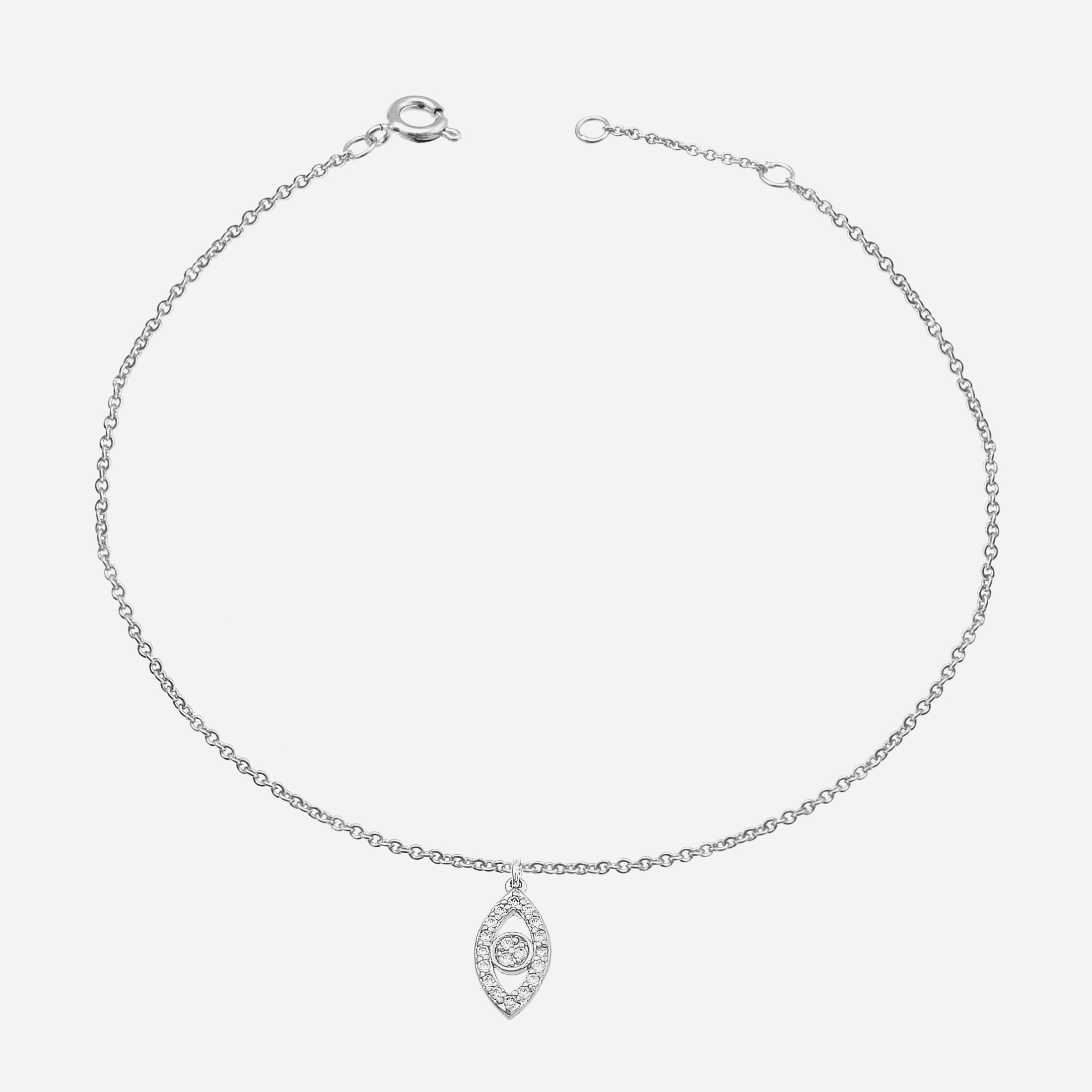 Chaîne de cheville œil oxyde zirconium argent 925 rhodié protection mauvais œil scintillante