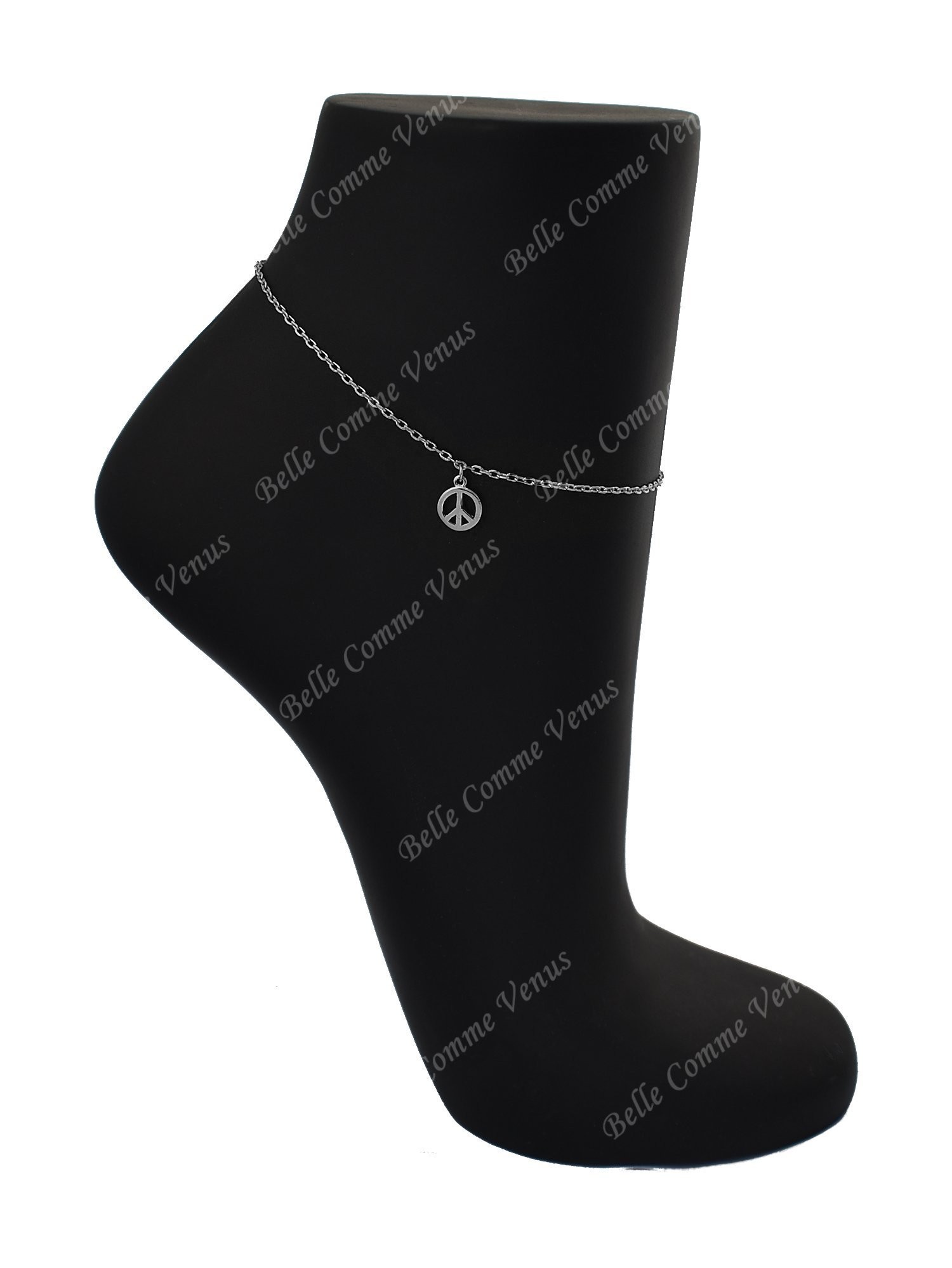 Chaîne de cheville Peace And Love pendant symbole de paix et amour Argent 925 Rhodié