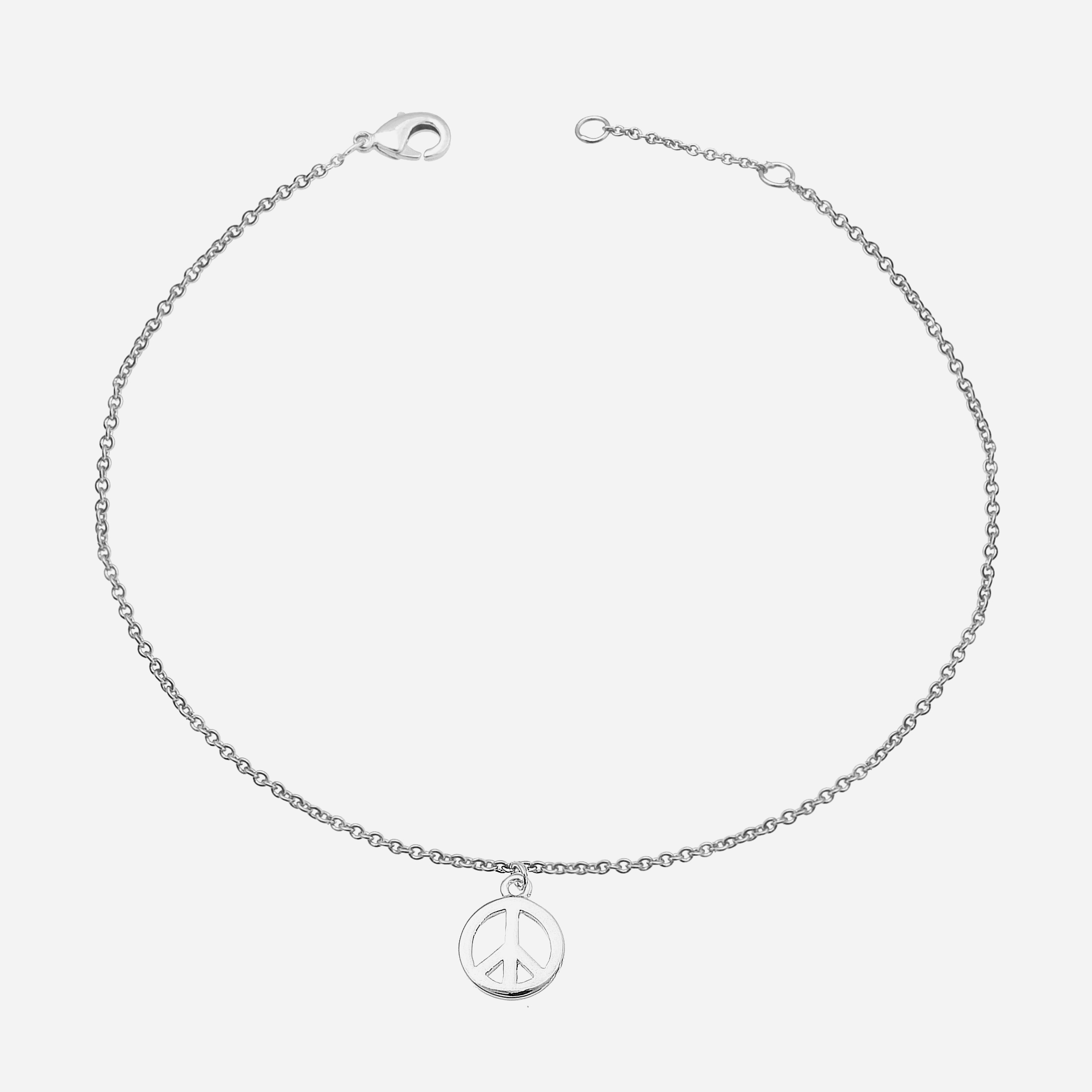 Chaîne cheville peace and love symbole paix amour argent 925 rhodié