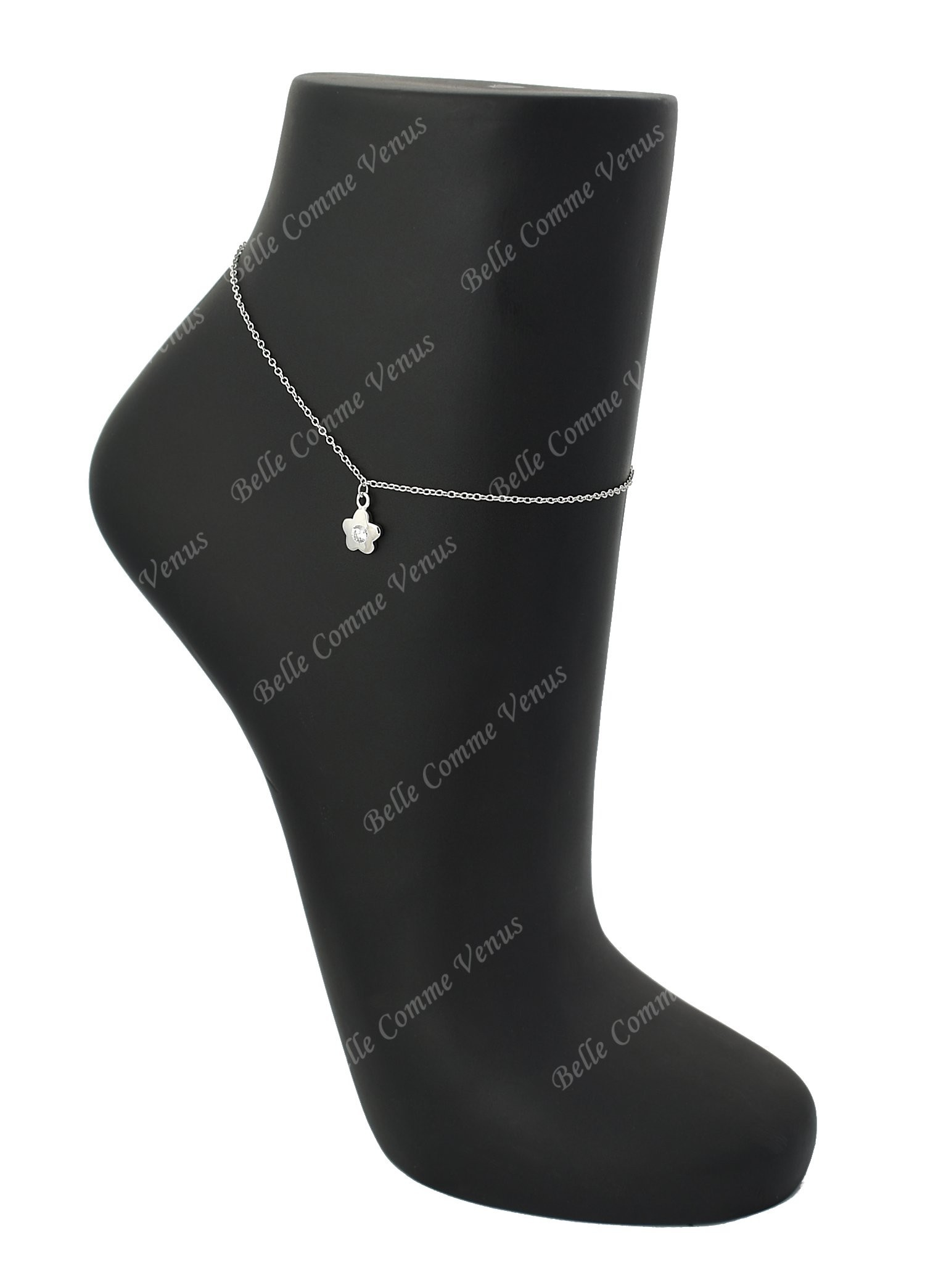 Chaîne de cheville petite fleur oxyde de zirconium Argent 925 Rhodié