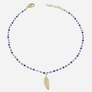 Chaîne cheville plume plaqué or 3 microns perles Miyuki bleu