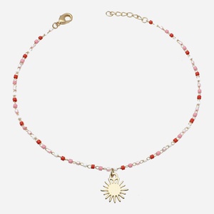 Chaîne cheville soleil plaqué or 3 microns perles Miyuki rouge