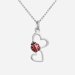 Collier 2 cœurs coccinelle enfant émail rouge et noir argent 925 rhodié porte-bonheur amour