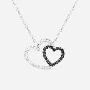 Collier 2 coeurs oxyde de zirconium blancs et noirs argent 925 rhodié contraste