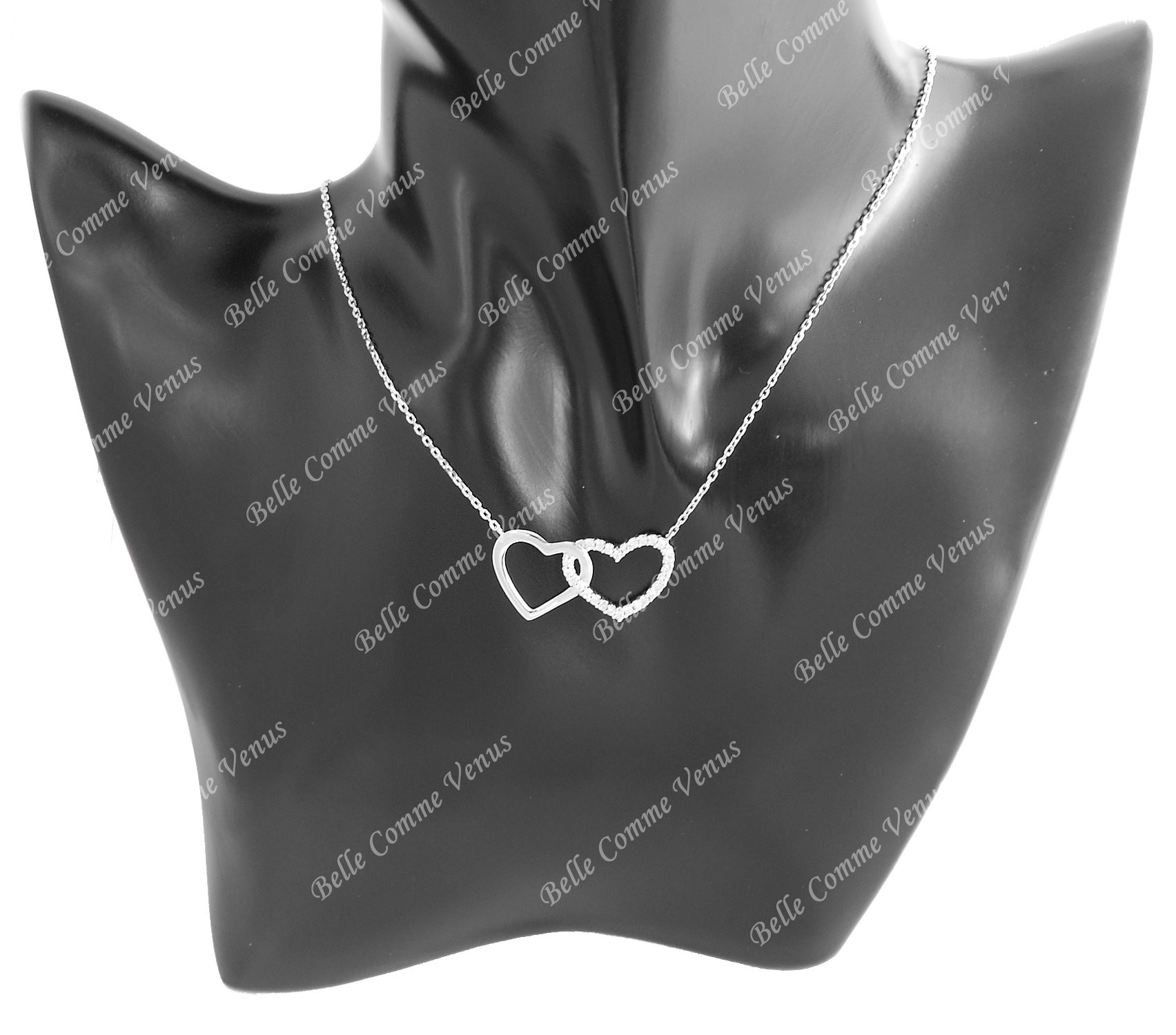 Collier 2 coeurs oxyde de zirconium enlacés Argent 925 Rhodié