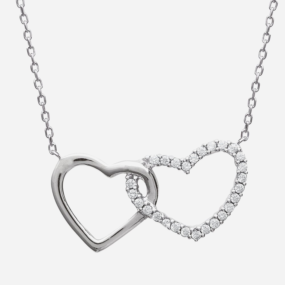 Collier 2 cœurs enlacés argent 925 rhodié oxydes zirconium symbole amour union