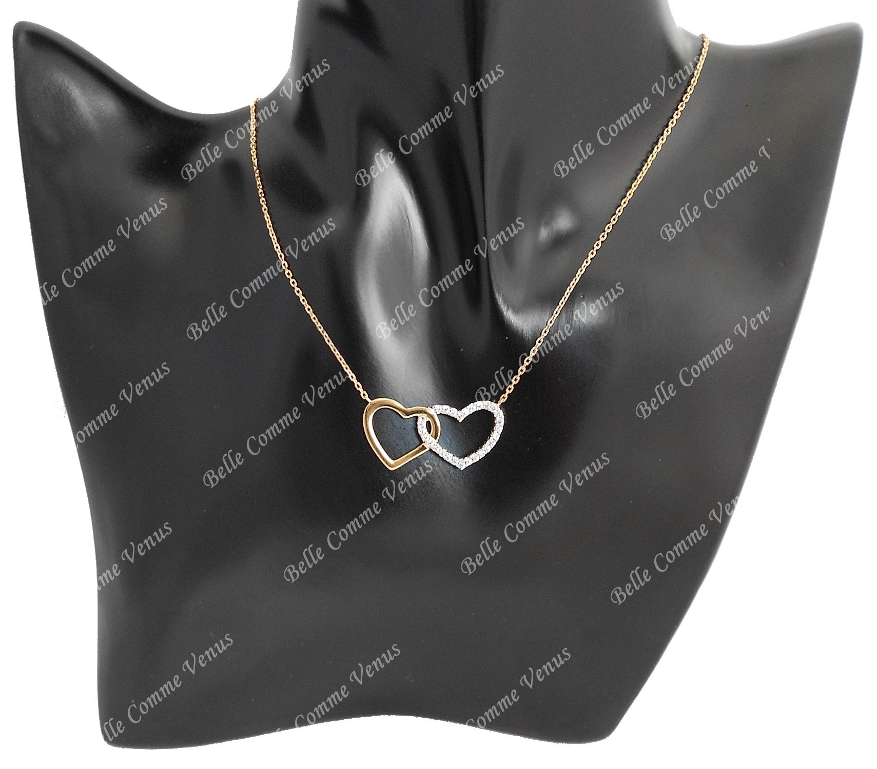 Collier 2 coeurs oxyde de zirconium Plaqué OR 750 3 microns 2 tons