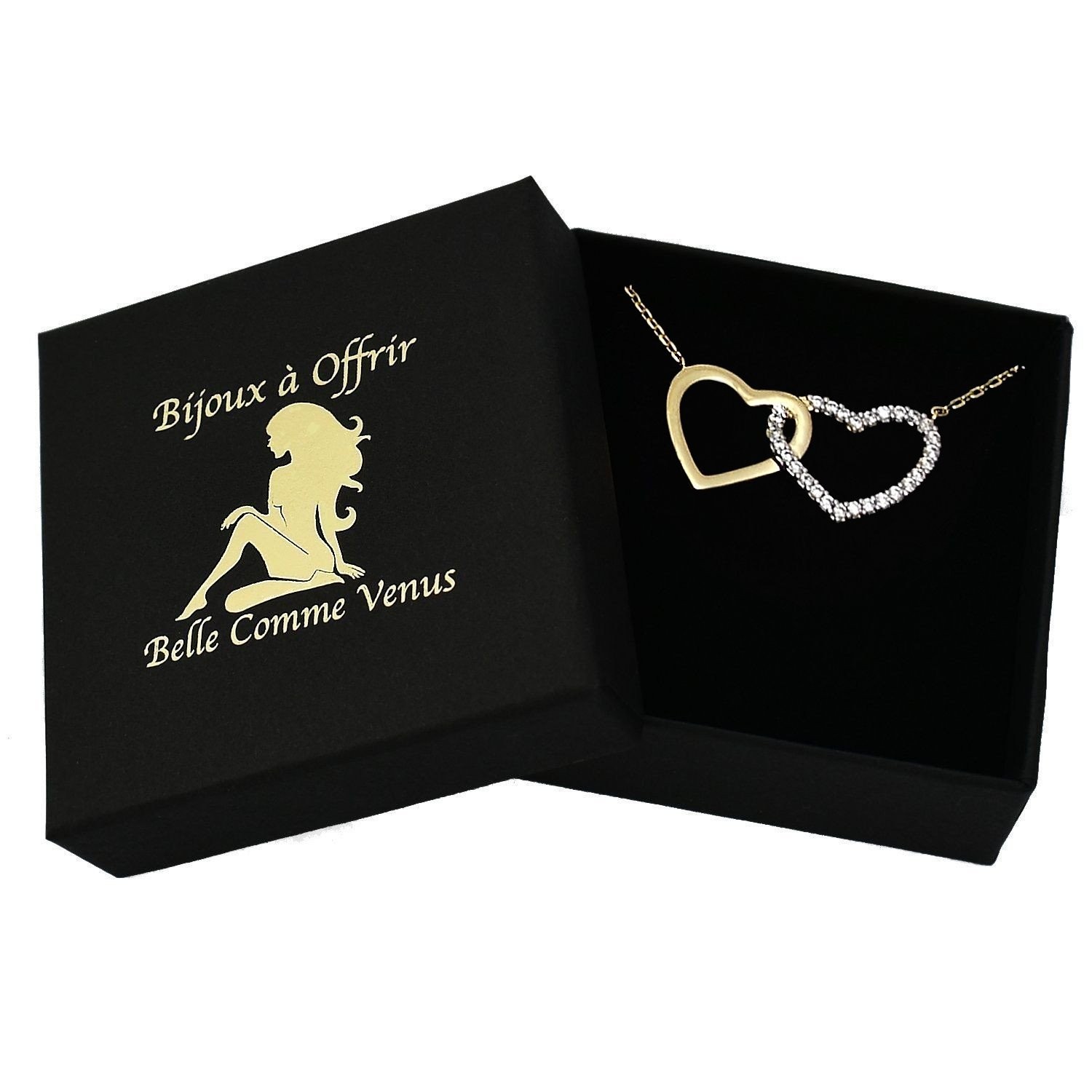 Collier 2 cœurs oxyde zirconium plaqué or 750 dans écrin Belle Comme Venus