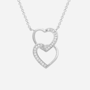 Collier 2 coeurs argent 925 rhodié oxyde zirconium superposés - Vue principale double amour argenté