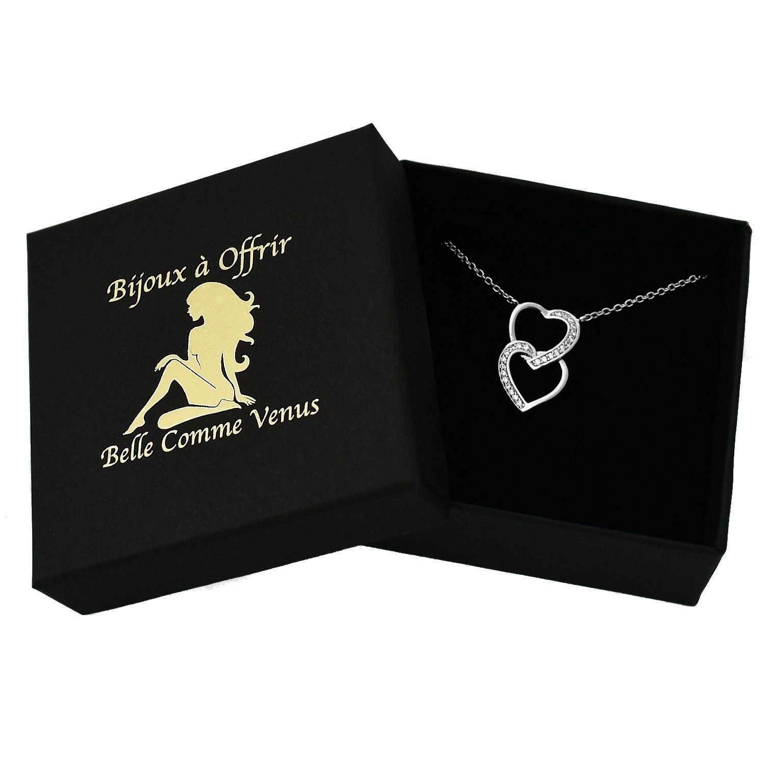 Collier 2 coeurs argent 925 rhodié oxyde zirconium superposés dans écrin Belle Comme Venus