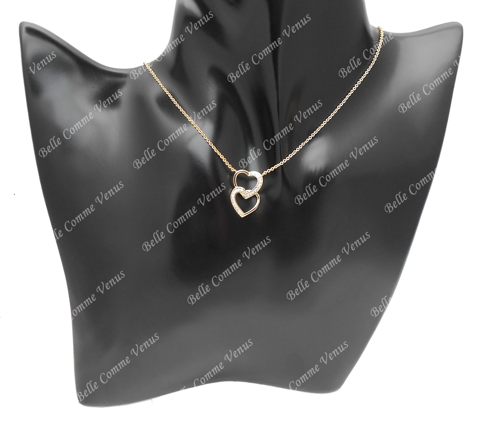 Collier 2 coeurs superposés sertis d'oxyde de zirconium Plaqué OR 750 3 microns