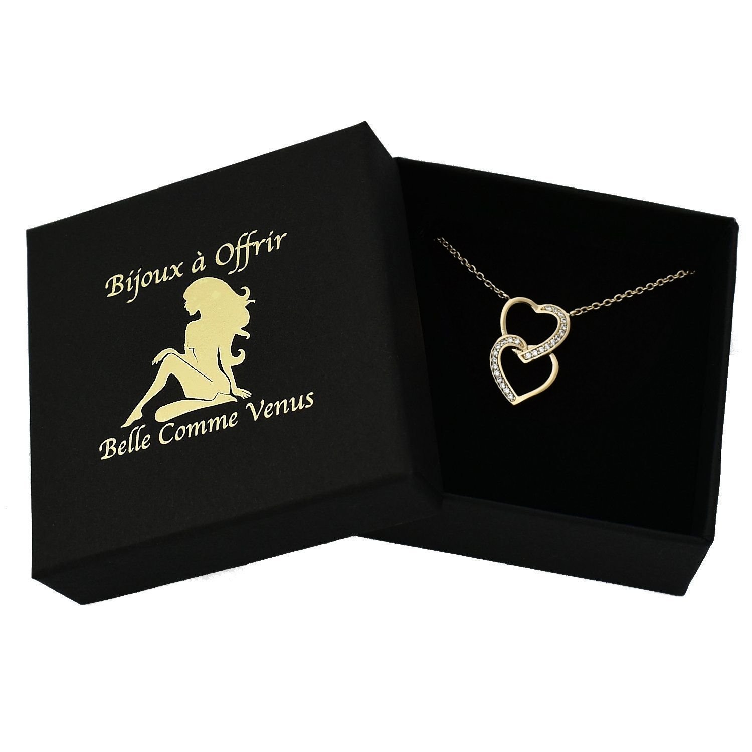 Collier 2 coeurs superposés sertis oxyde zirconium plaqué or 750 - 3 microns écrin