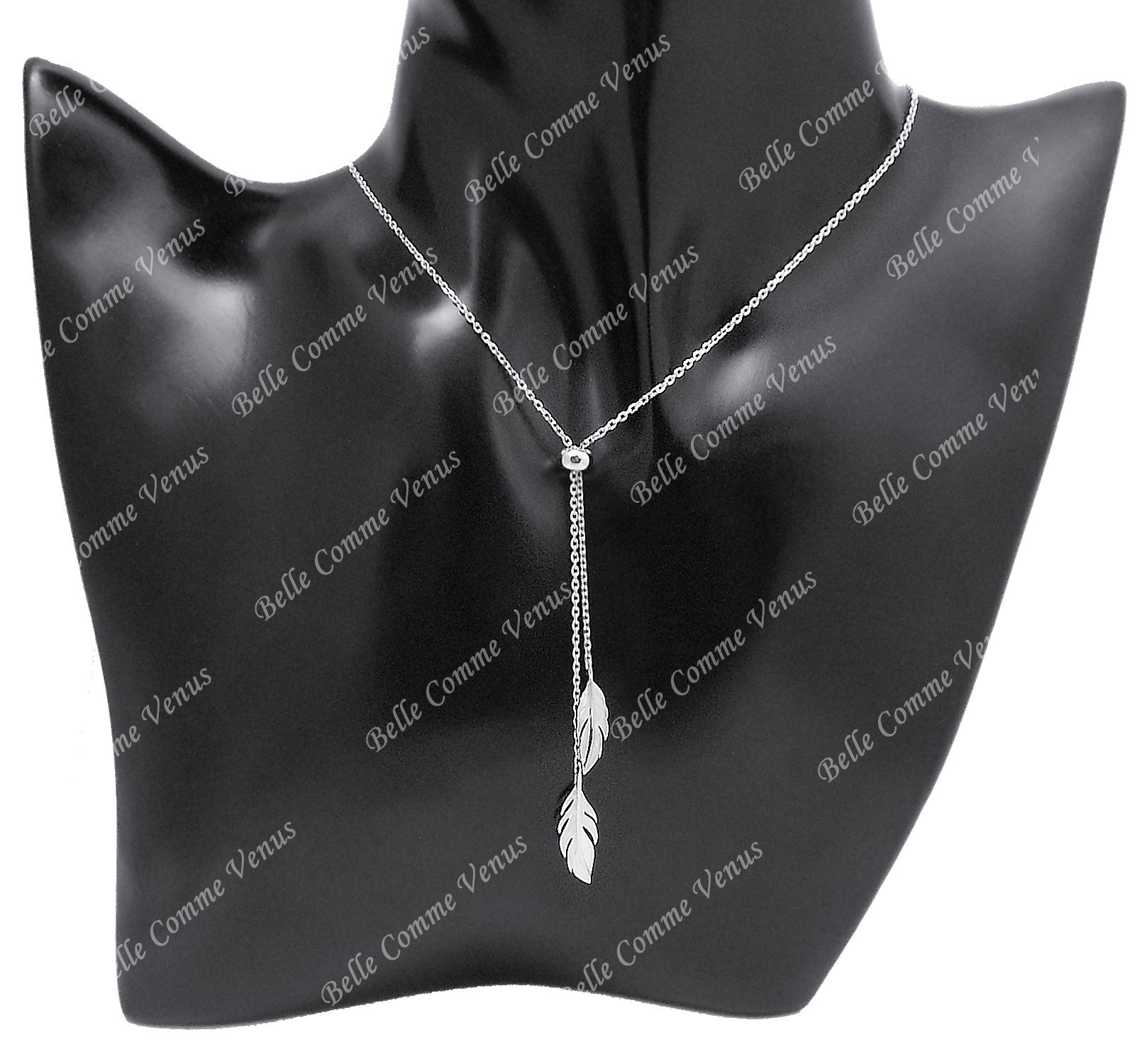Collier 2 plumes anneau coulissant ajustable Argent 925 Rhodié