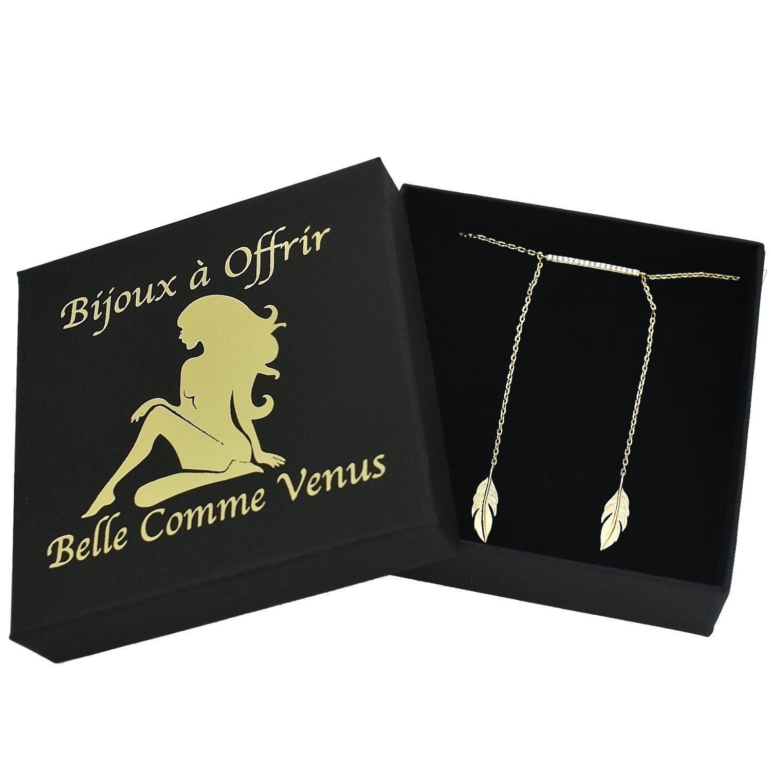 Collier 2 plumes pendantes barre oxyde zirconium plaqué or 750 2 tons dans écrin Belle Comme Venus