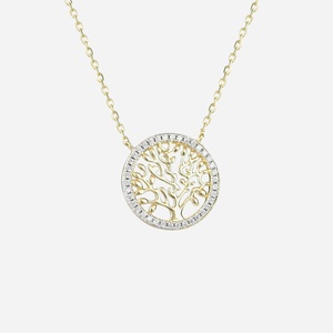 Collier arbre de vie cercle plaqué or 3 microns zirconium 2 tons