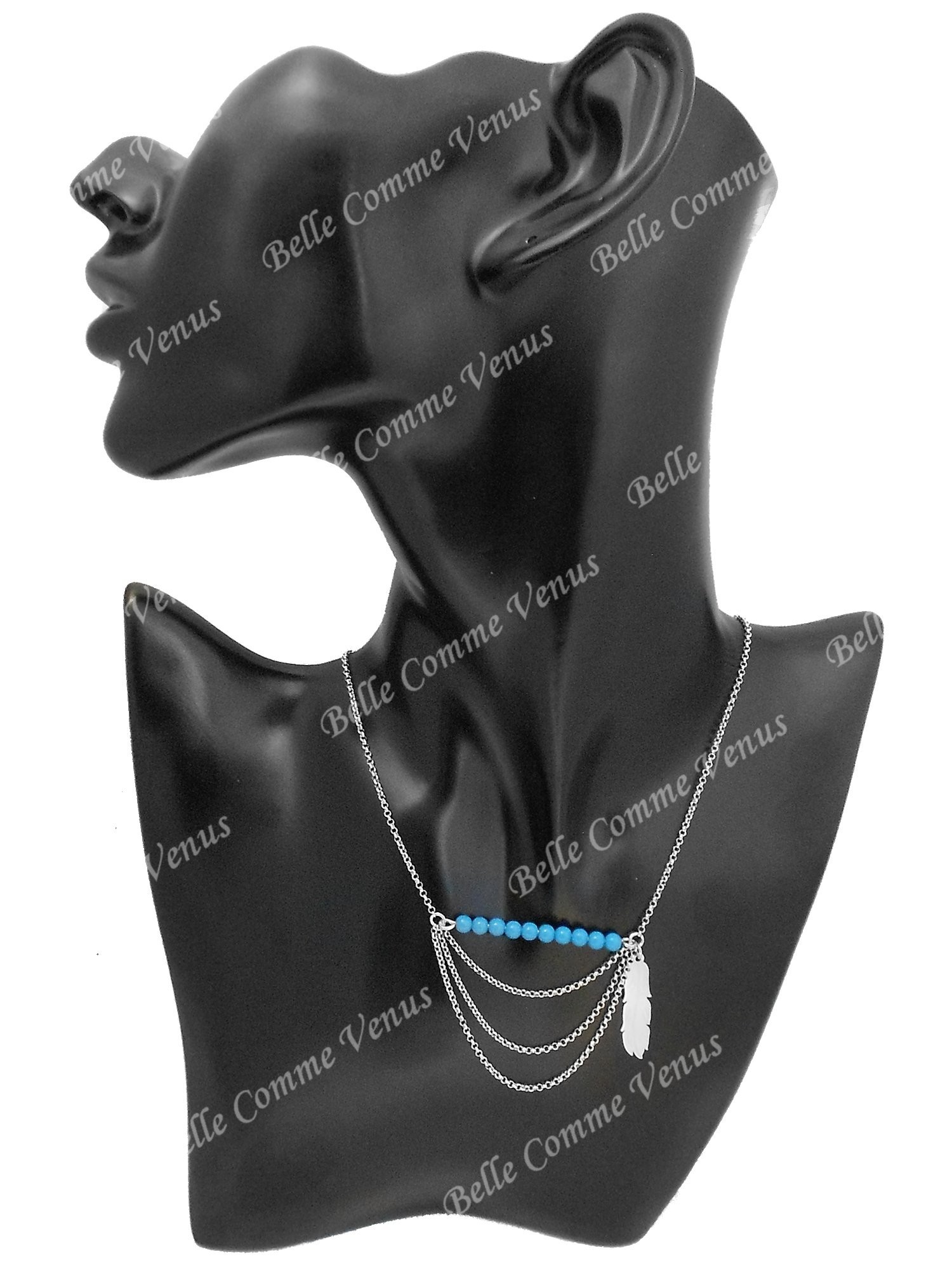 Collier bohème plume perles bleu turquoise 3 rangs Argent 925 Rhodié