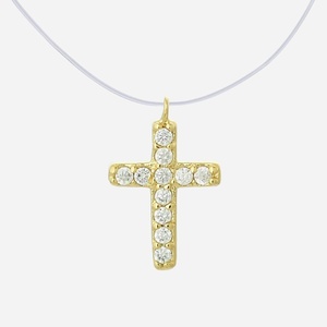 Collier croix d'oxydes de zirconium fil de nylon transparent plaqué or 3 microns
