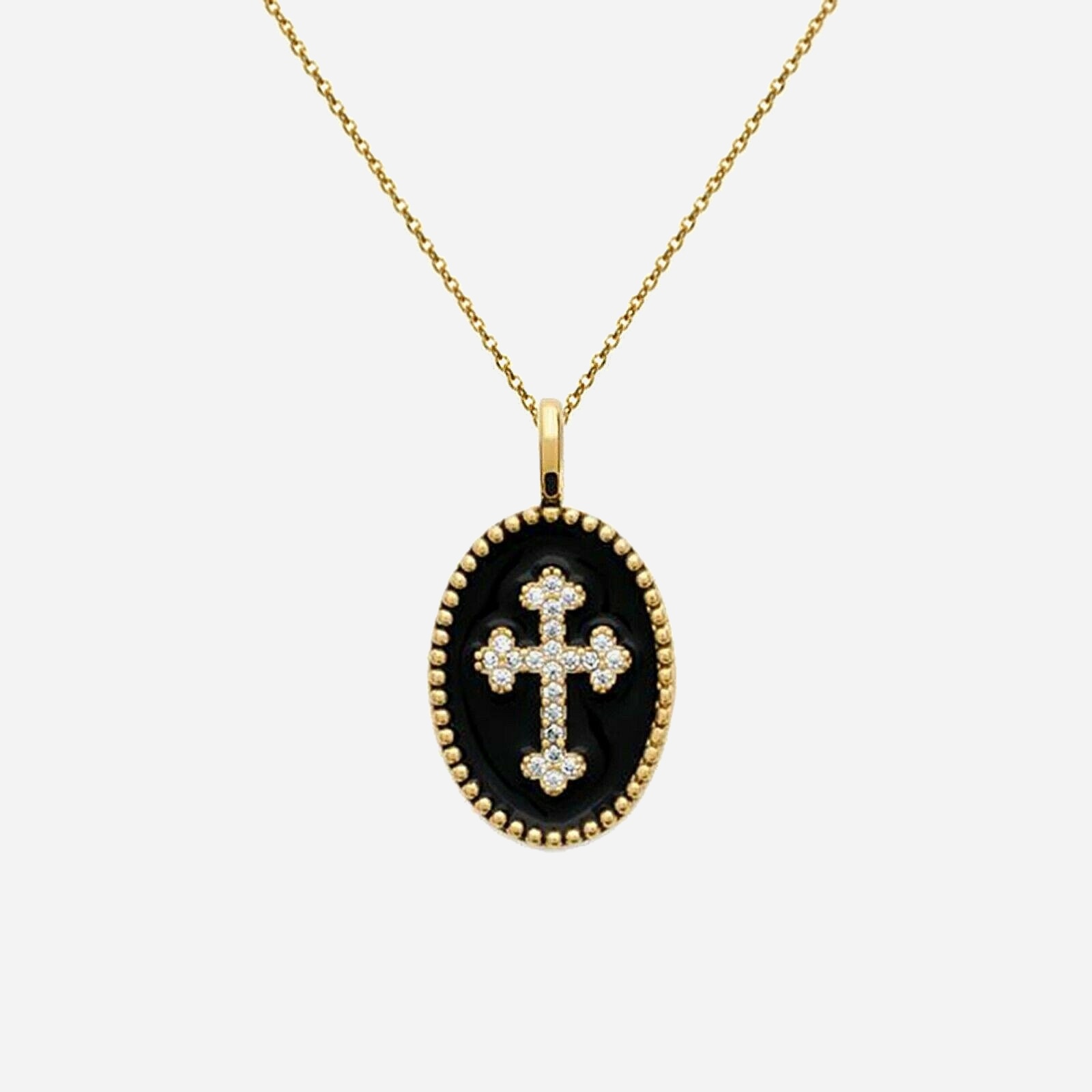 Collier croix fleur de lys plaqué or 3 microns émail noir