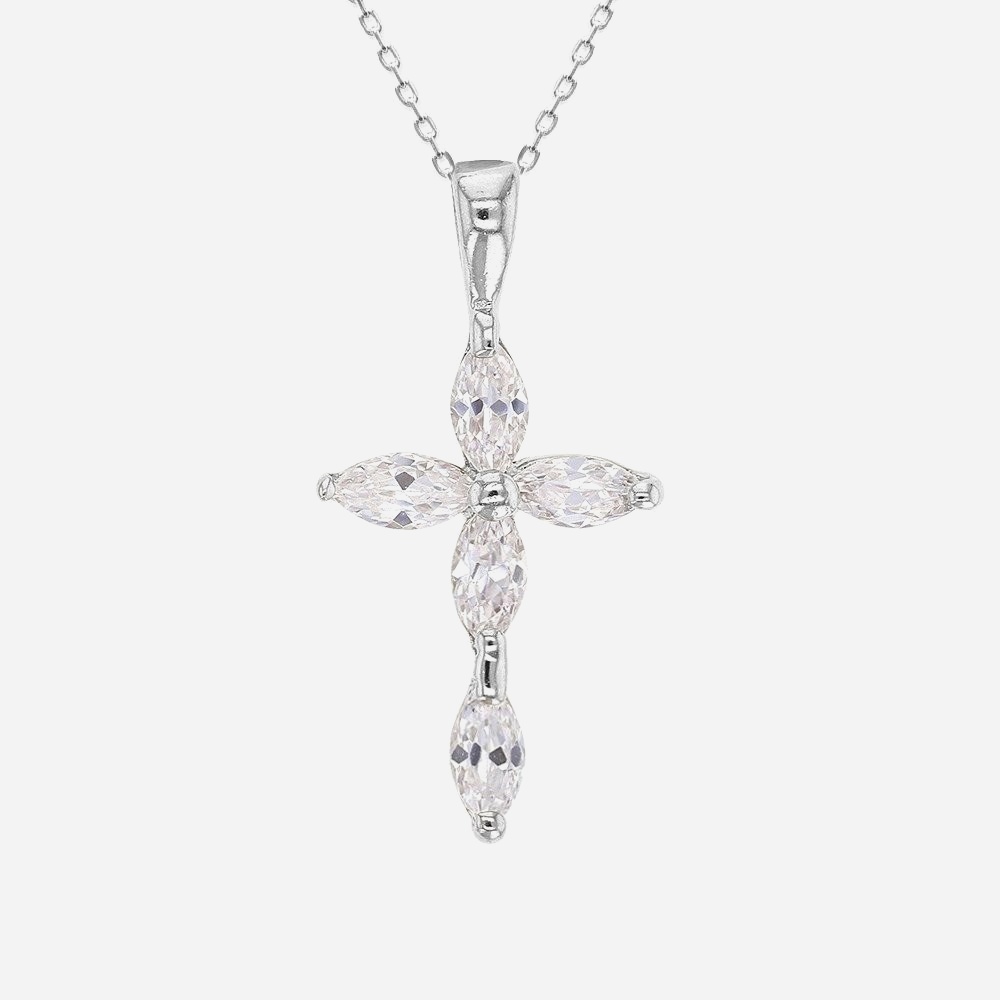 Collier croix argent 925 rhodié oxyde zirconium ovale - Vue principale foi spiritualité protection