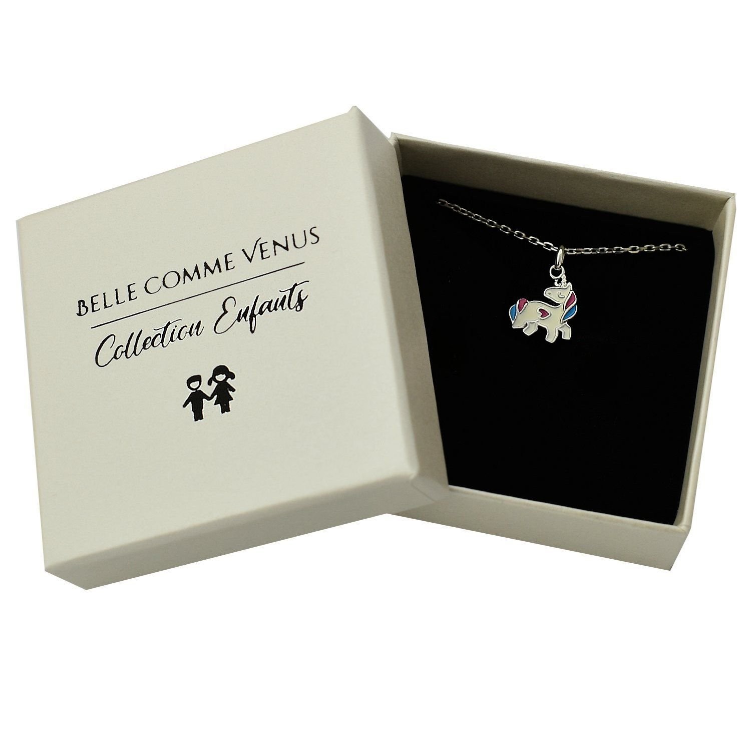 Collier licorne cœur émail argent rhodié enfant dans écrin