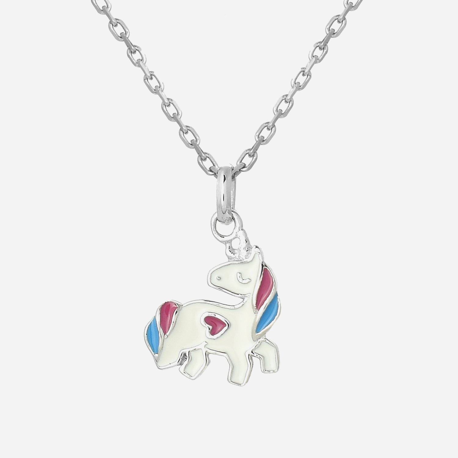 Collier licorne argent enfant cœur émail