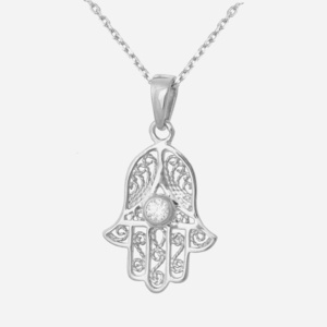 Collier main de Fatma argent 925 rhodié avec oxydes de zirconium