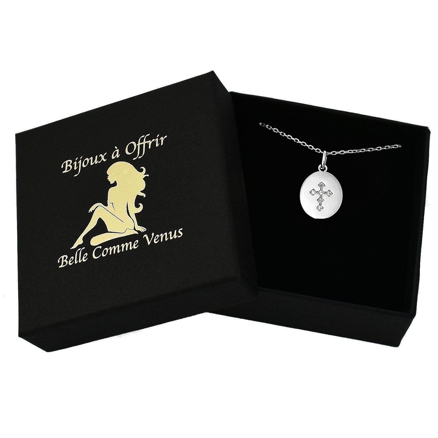 Collier médaille ovale croix oxyde zirconium argent 925 rhodié dans écrin Belle Comme Venus