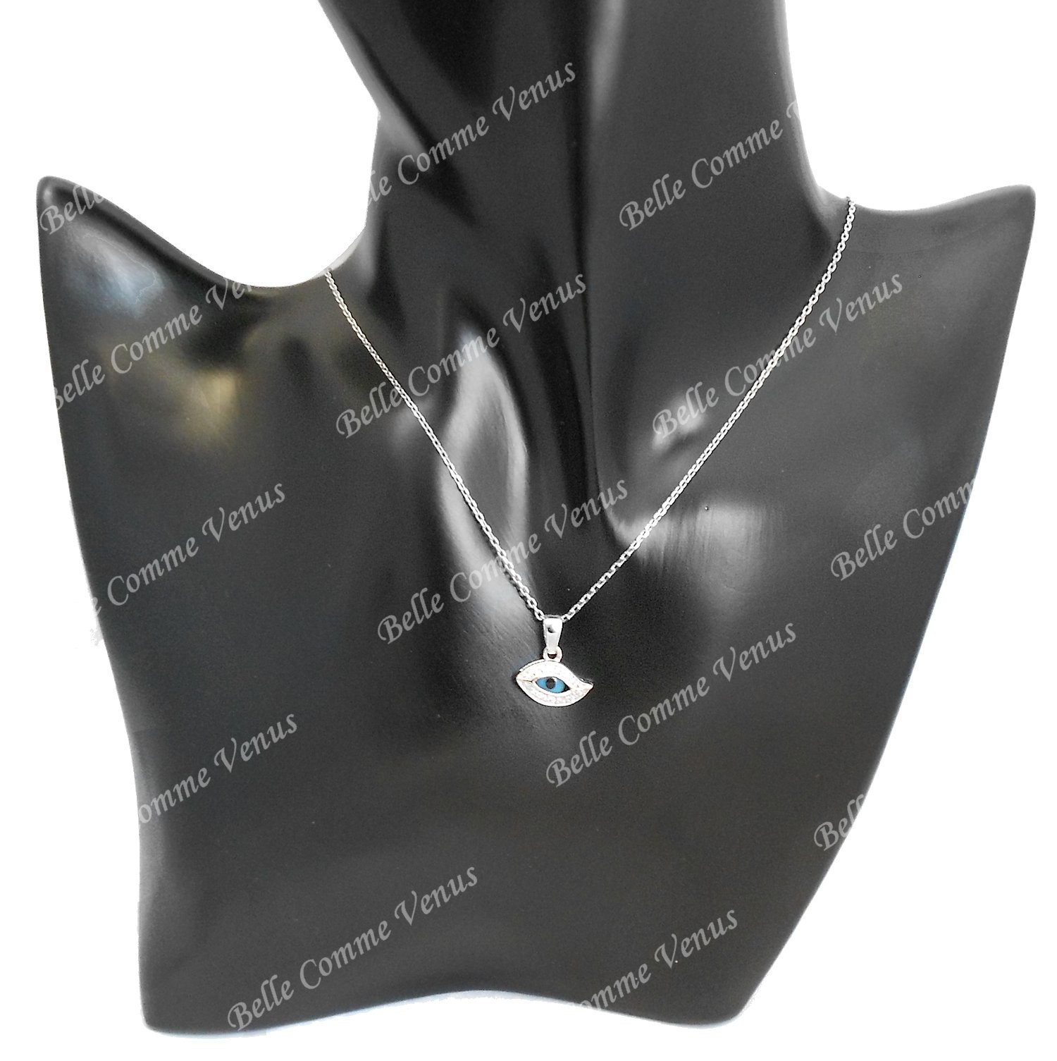 Collier oeil bleu porte bonheur protection serti d'oxydes de zirconium Argent 925 Rhodié