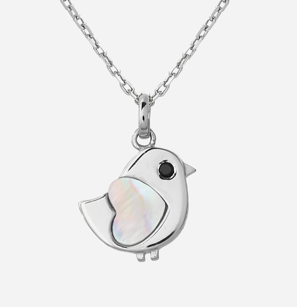 Collier oiseau nacre argent enfant zirconium noir