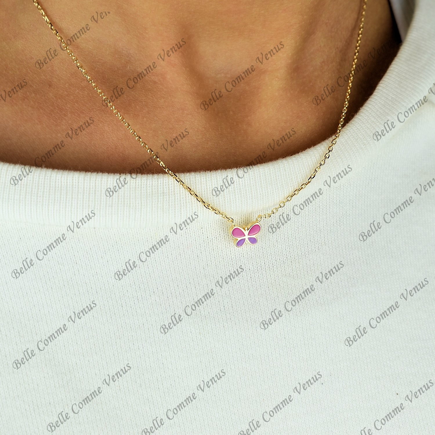 Collier papillon émail coloré rose et violet Plaqué OR 750 3 microns
