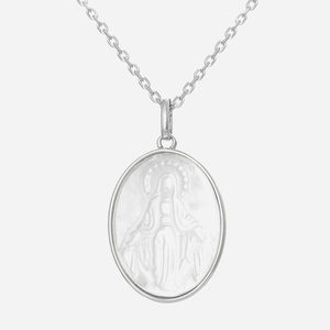 Collier Vierge Marie médaille ovale de nacre argent 925 rhodié spirituel irisé