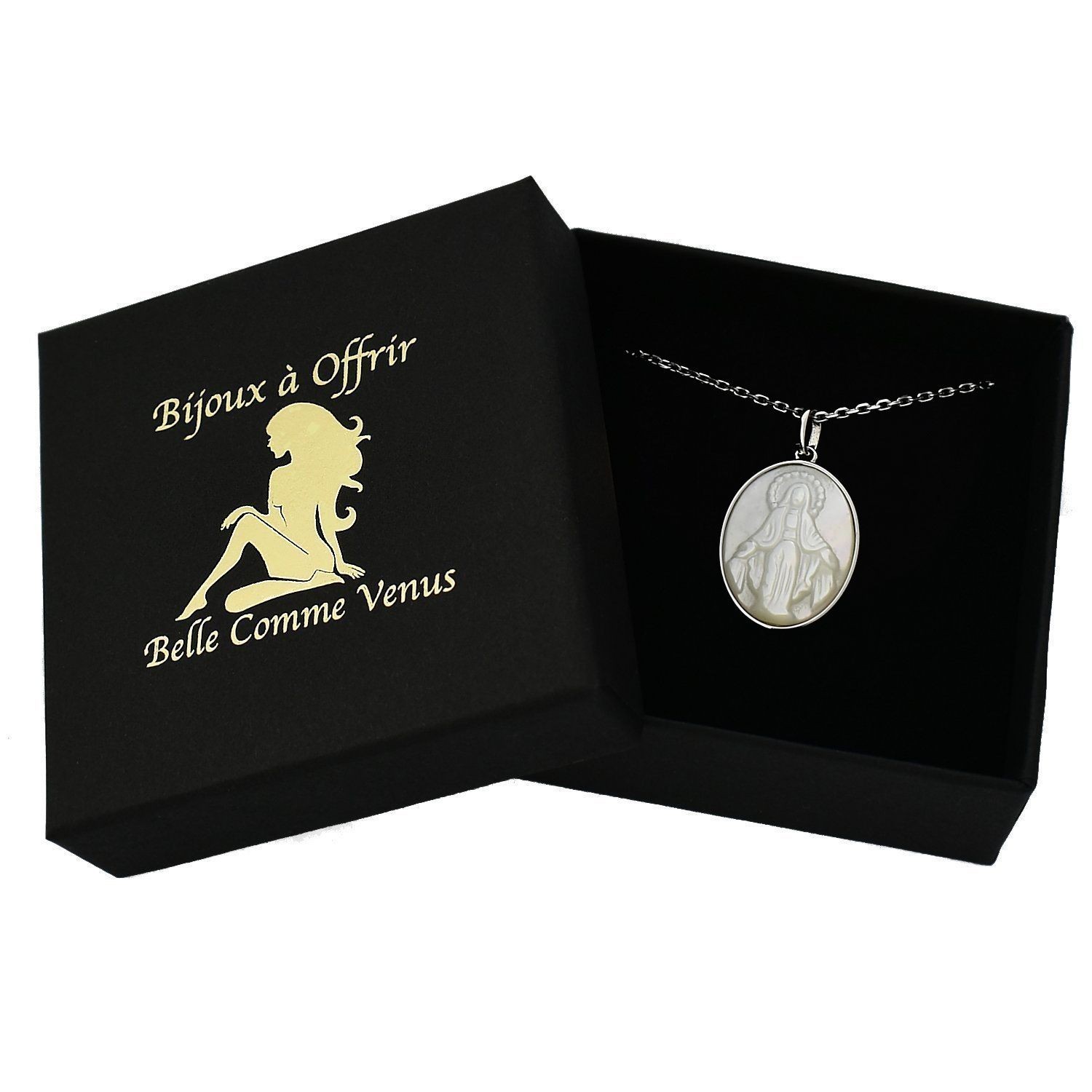 Collier Vierge Marie médaille ovale nacre argent 925 rhodié écrin