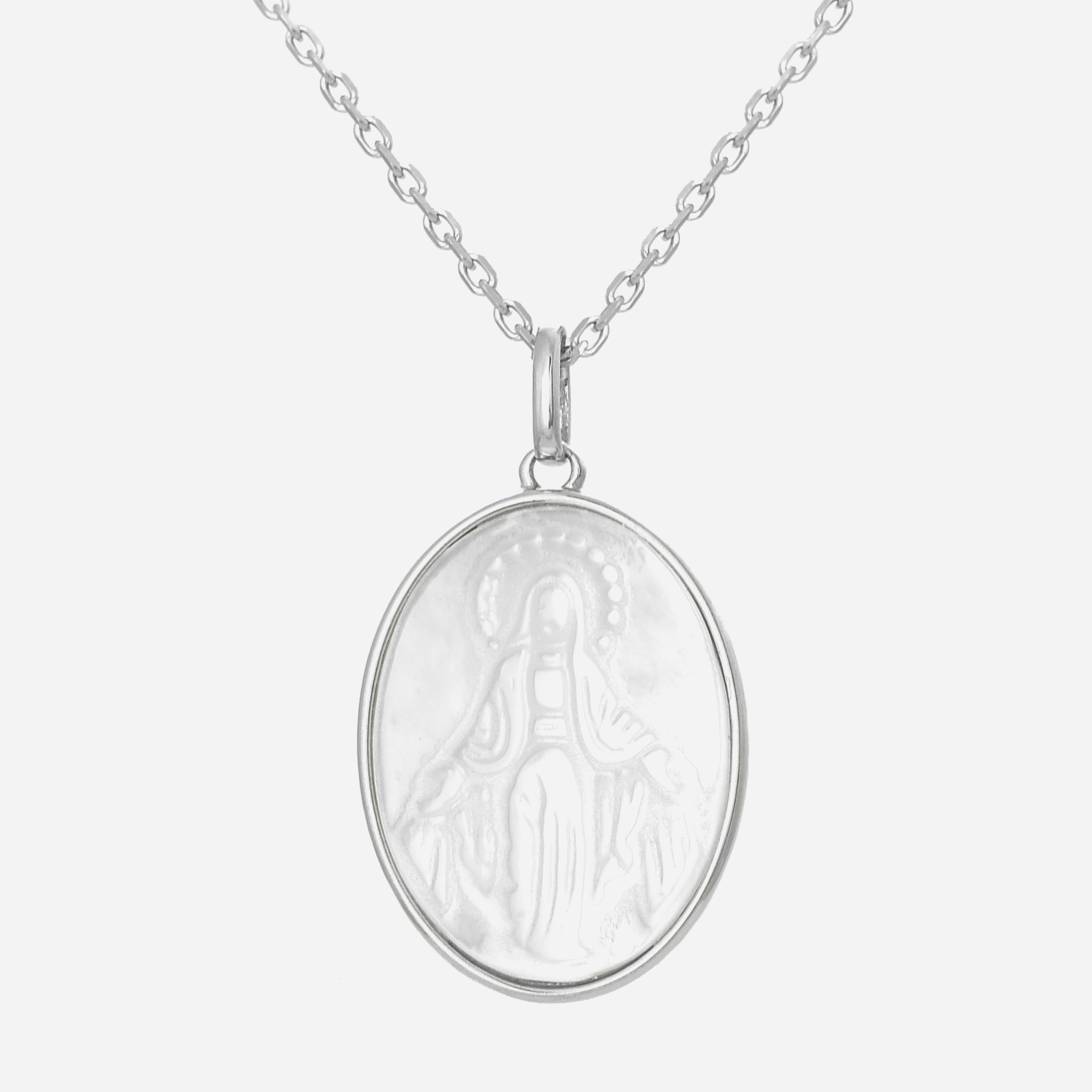 Collier Vierge Marie médaille ovale de nacre argent 925 rhodié spirituel irisé