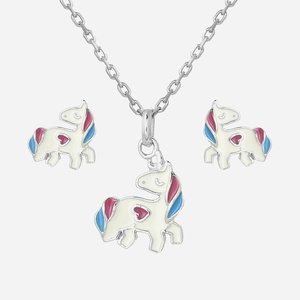 Parure licorne coeur émail coloré enfant argent 925 rhodié ensemble féerique magique
