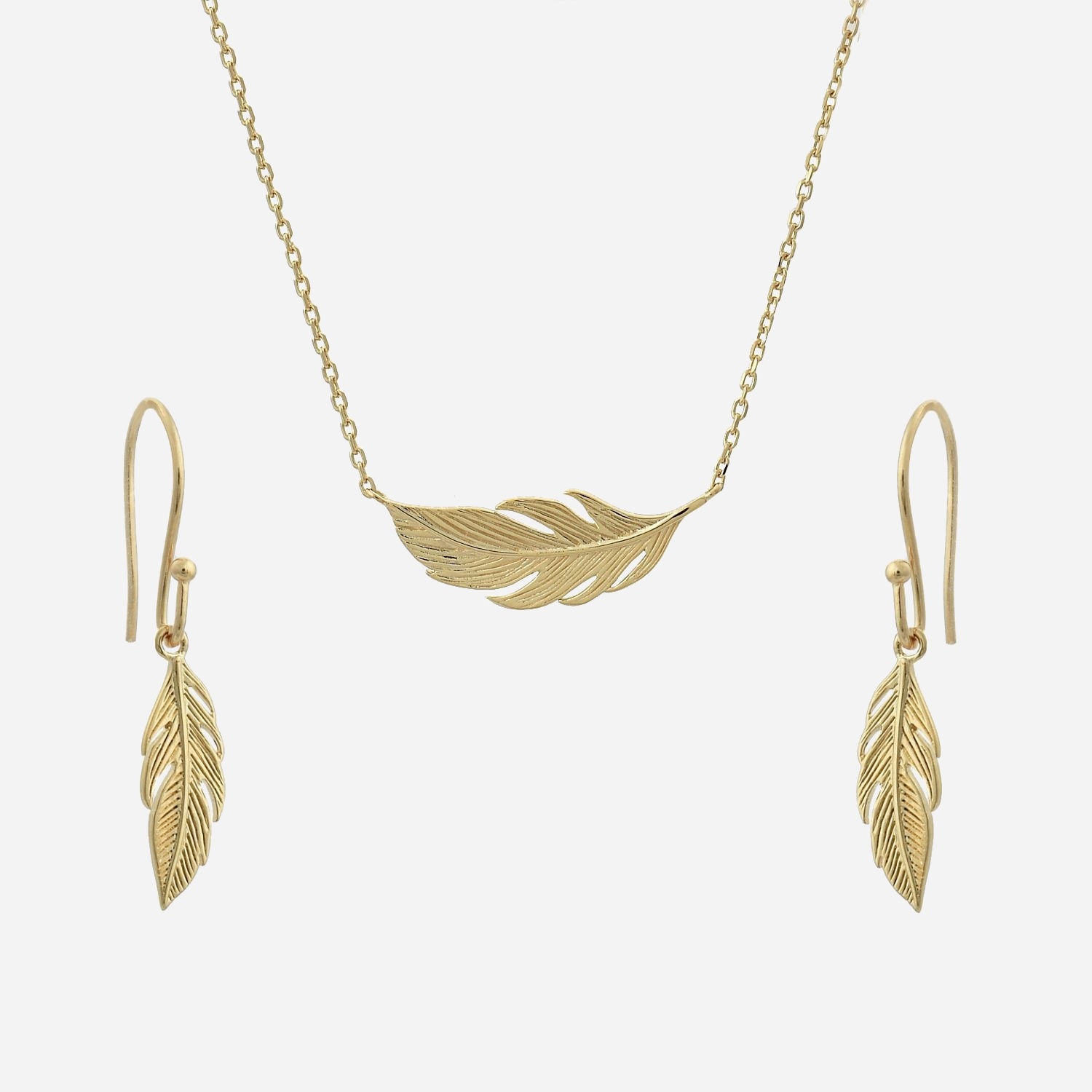 Parure plume plaqué or 750 3 microns collier boucles oreilles