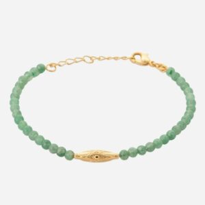 Bracelet plaqué or 750 3 microns avec perles aventurine verte et symbole géométrique