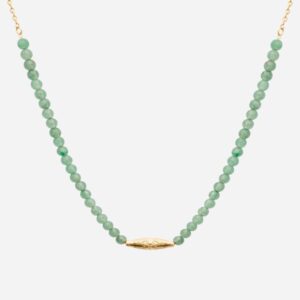 Collier plaqué or 750 3 microns avec perles aventurine verte et symbole géométrique