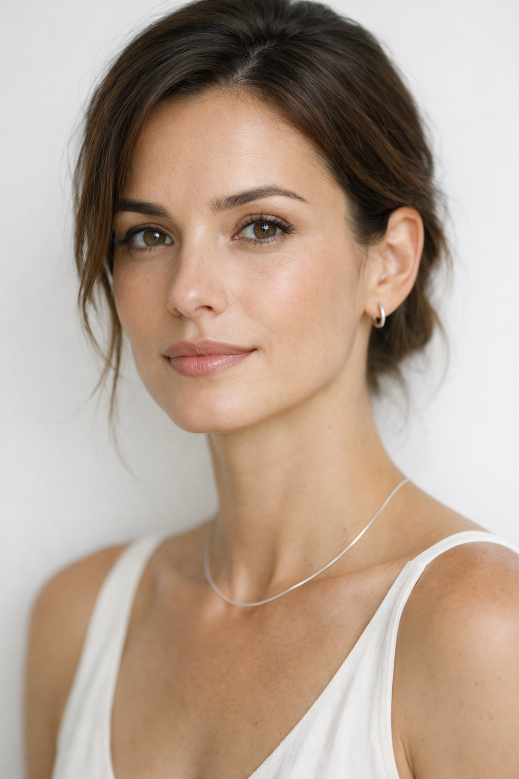 Femme élégante portant des bijoux minimalistes en argent 925 - collier fin et créoles discrètes