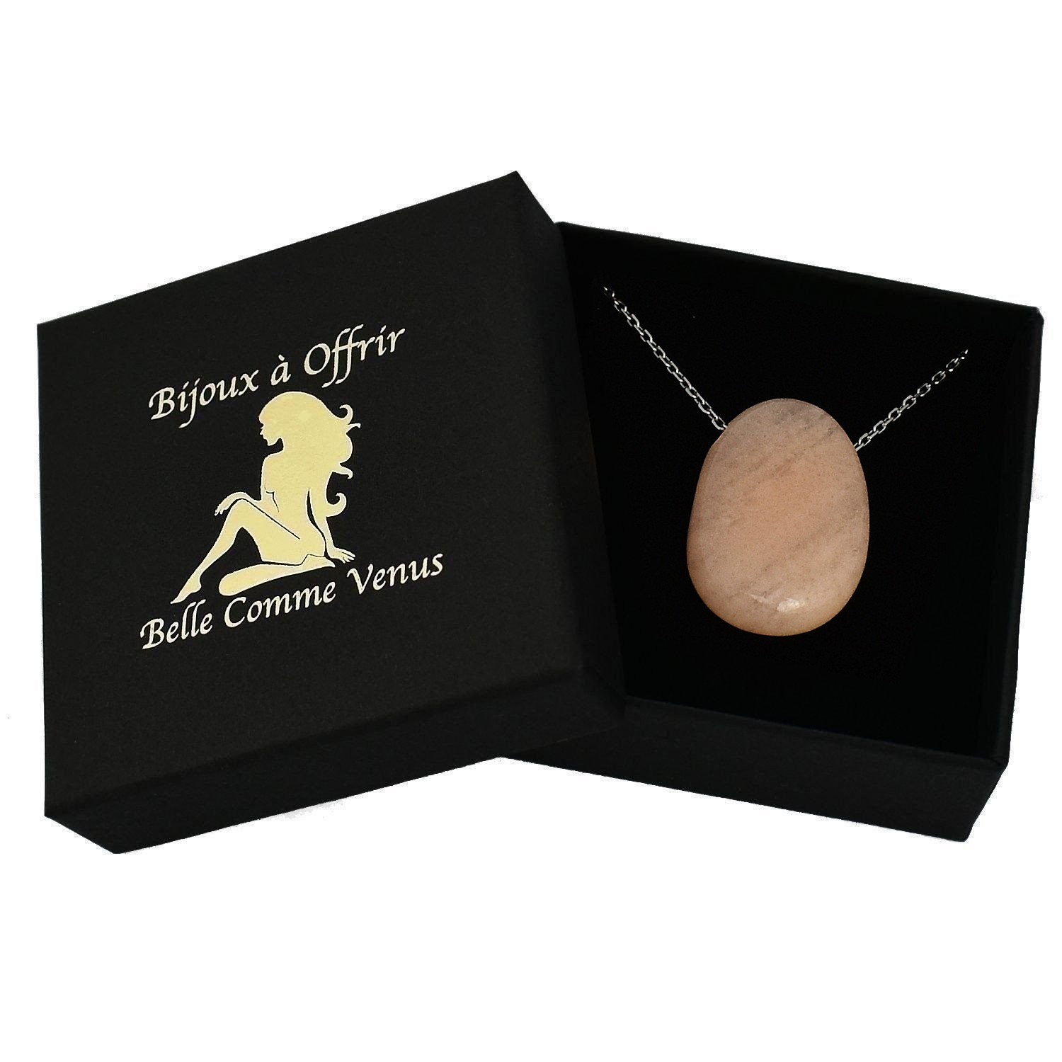 Collier argent aventurine pêche dans écrin BCV