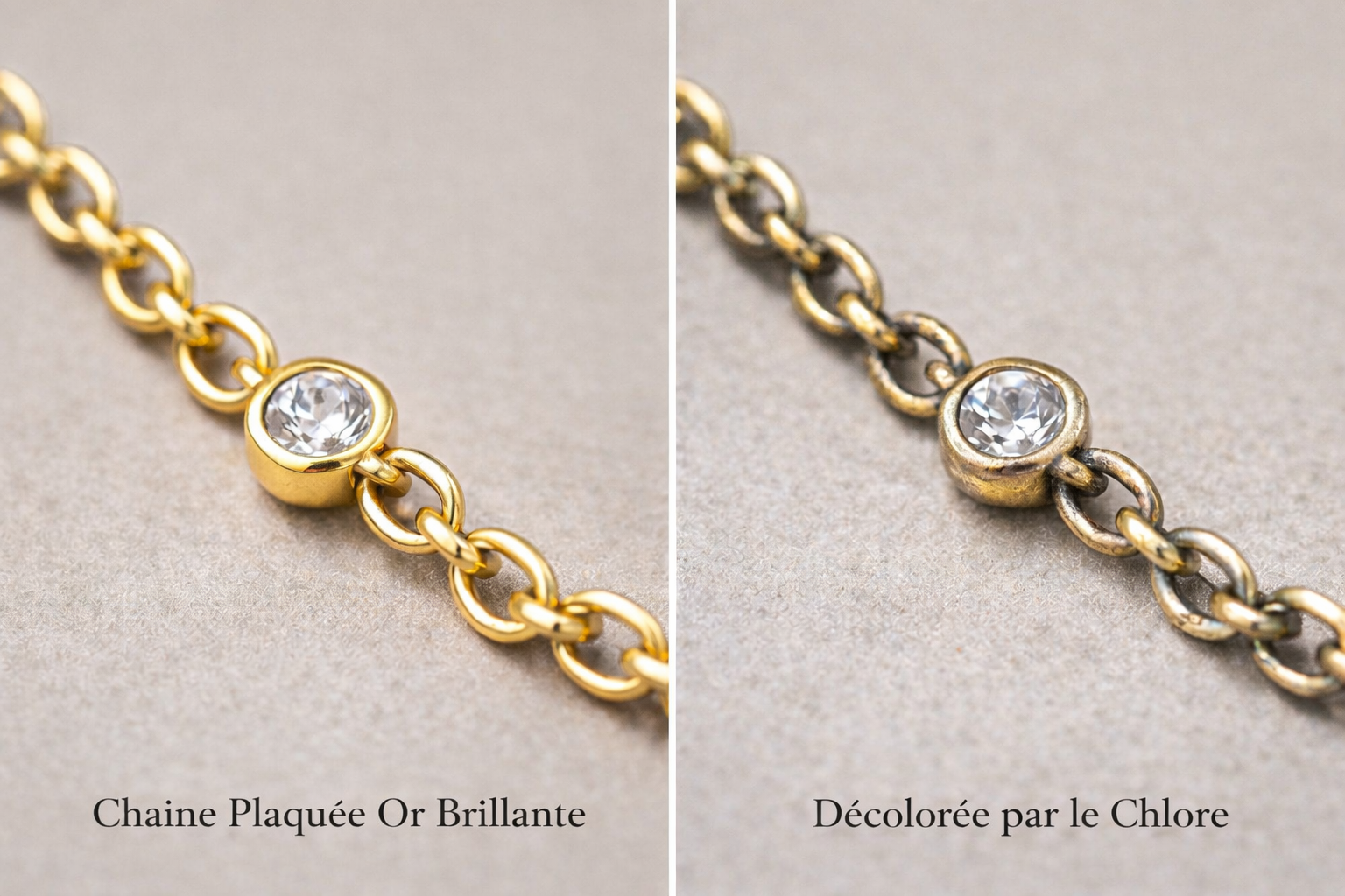 Comparaison avant-après : collier plaqué or dégradé par le chlore de piscine