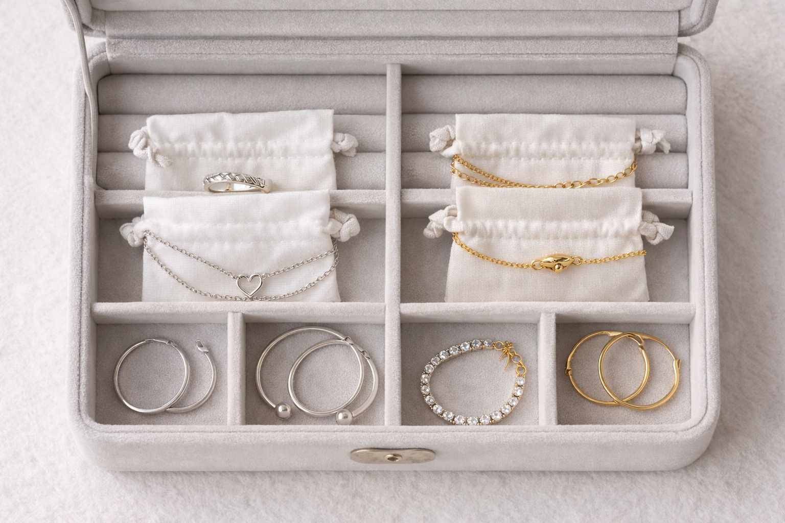 Rangement optimal des bijoux - Pochettes et compartiments séparés