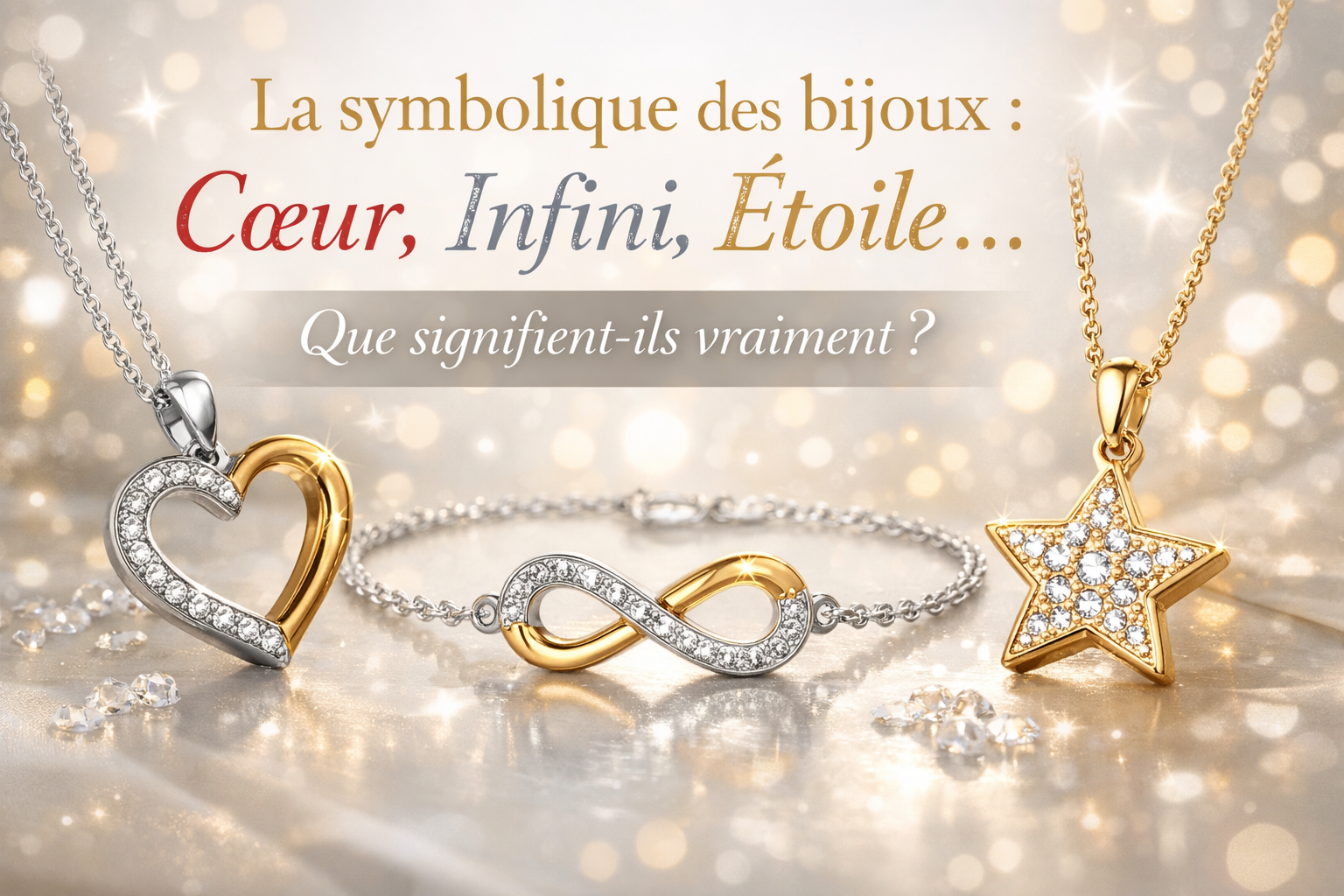 ijoux symboliques : collier cœur, bracelet infini et pendentif étoile - Belle Comme Venus