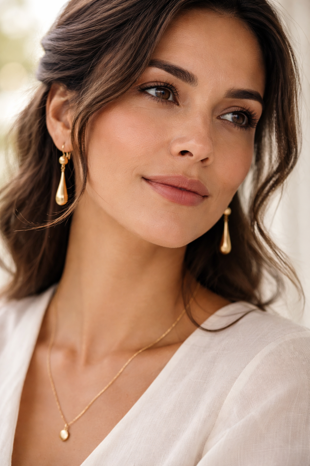 Boucles d'oreilles pendantes plaqué or portées par une femme élégante – guide morphologie du visage