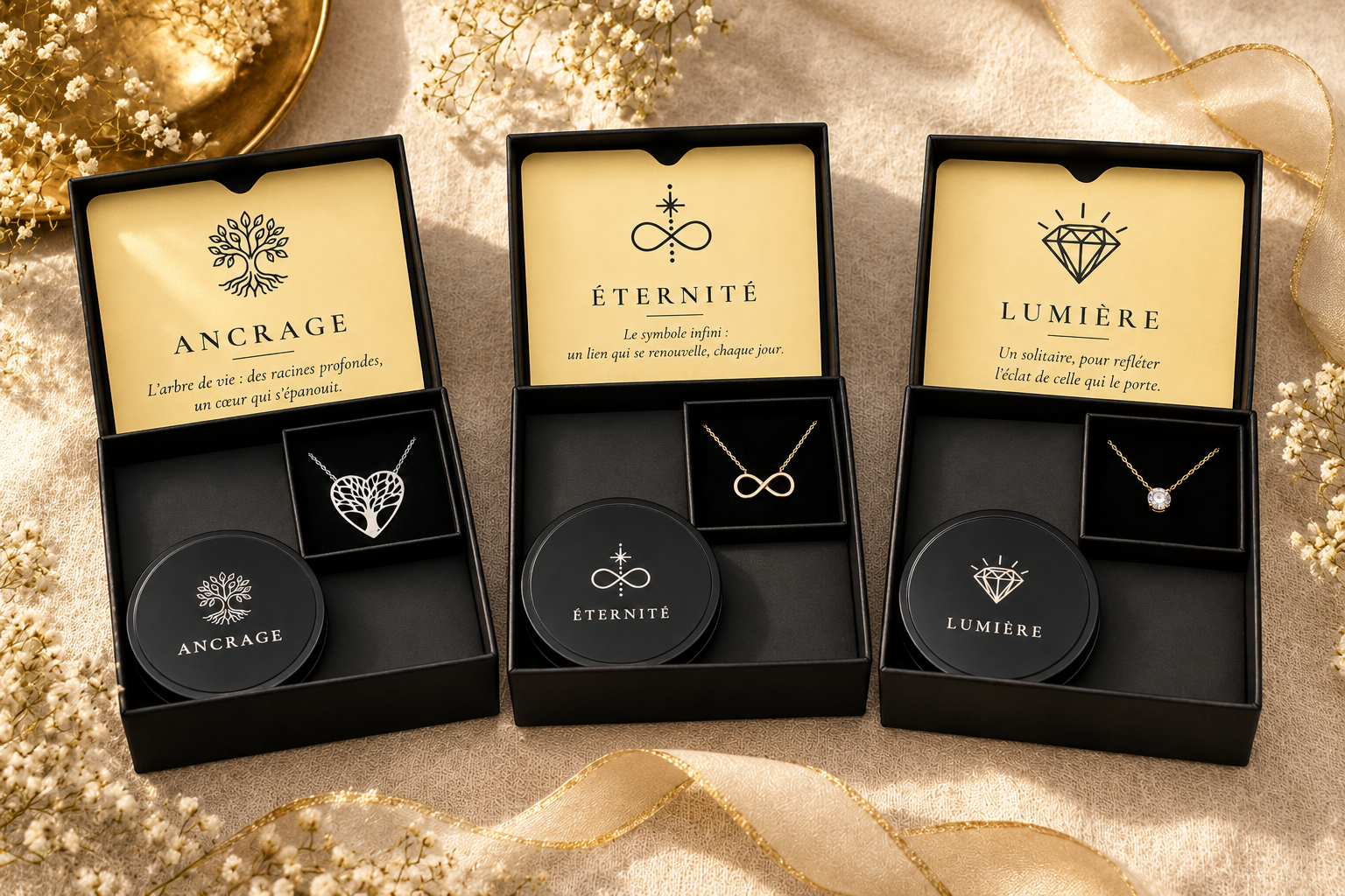 Coffret Signature Belle Comme Venus : collier et bougie coulée à la main, présentés dans leur écrin